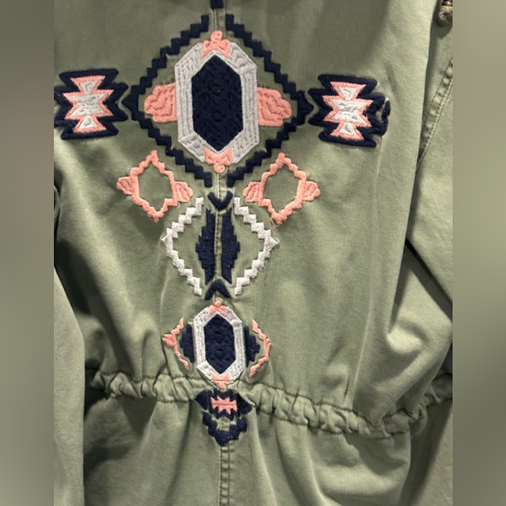 Free People Embroidered Army Green Hooded Tribal Embroidered Twill Parka Large - Picture 2 of 12